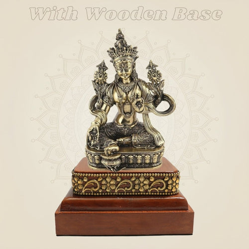 Brass Tara Maa Idol 4.25 Presented as a Wood Base Sacred Display