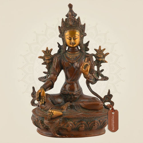 Brass Tibetan Goddess Tara Idol – 12.5" Handcrafted Statue for Meditation & Decor
