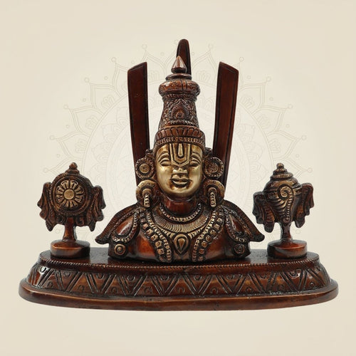 Brass Tirupati Balaji with Trisul – 5.75 Inch Idol in Colored Patina & Butter Finish