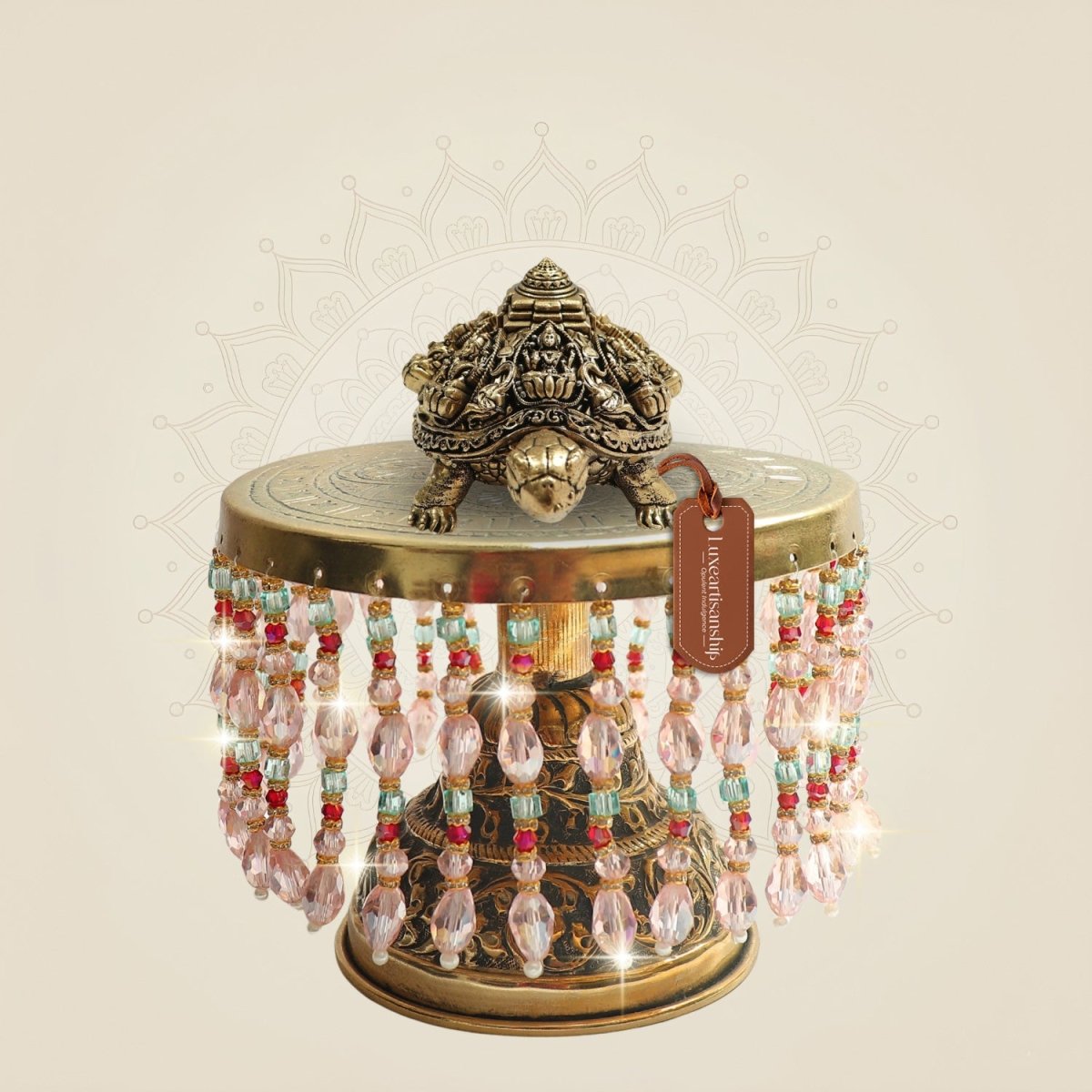 Brass Tortoise with Ashtalakshmi Shree Yantra on Chowki for Prosperity 6" - Luxeartisanship