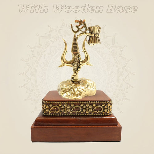 Brass Trishul with Damru and Om Symbol, 6" Decorative Piece on Square Wooden Base