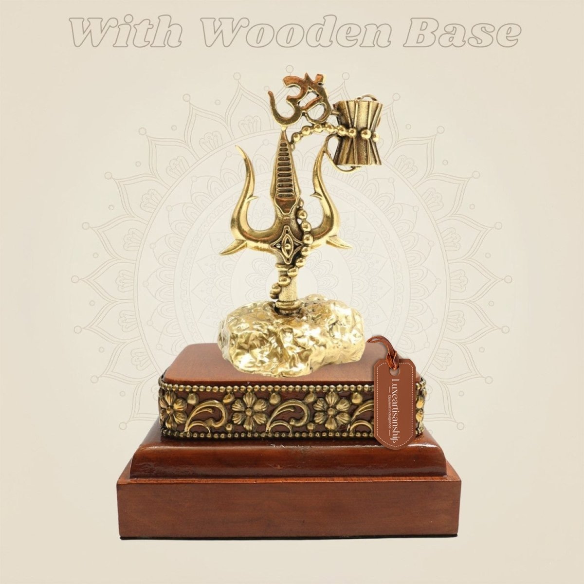 Brass Trishul with Damru and Om Symbol, 6″ Decorative Piece on Square Wooden Base - Luxeartisanship