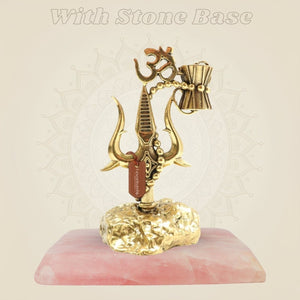6-Inch Brass Trishul with Damru and Om Symbol on Pink Stone – Lord Shiva Pooja Decor