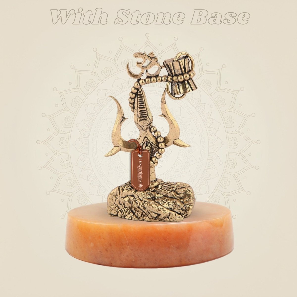 Brass Trishul with Damru & Om with stone base