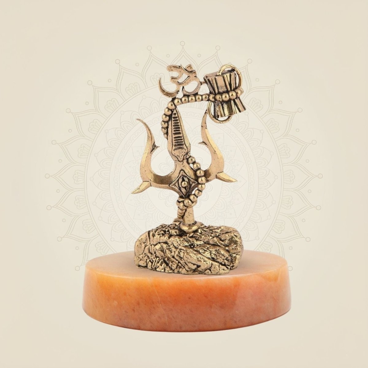 Brass Trishul with Damru & Om with stone base