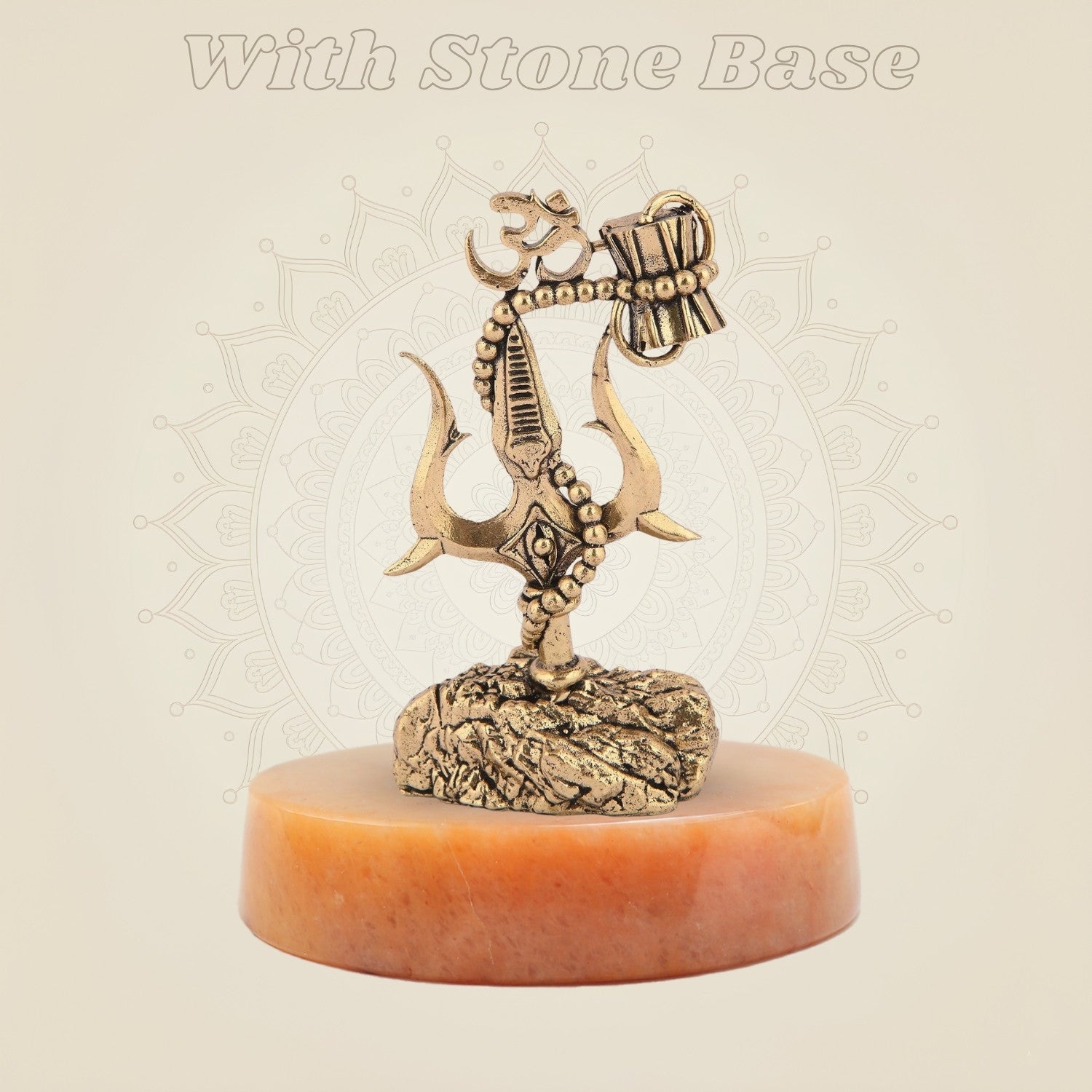 Brass Trishul with Damru & Om with stone base