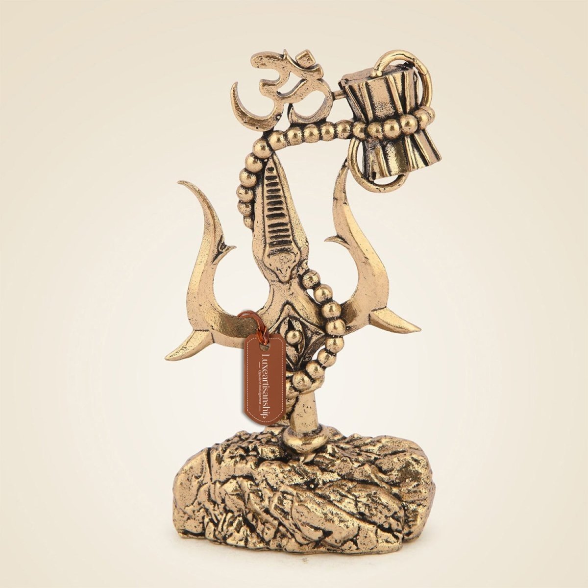 5" Brass Shiva Trishul with Damru and Om Emblem – Sacred Symbol Décor - Luxeartisanship