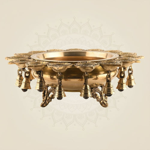 Brass Urli with Diya & Bells 5.25" – Traditional Decorative Bowl