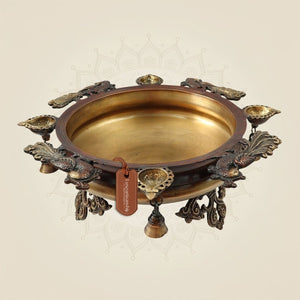Brass Urli with Peacock Motifs & Hanging Bells 6"