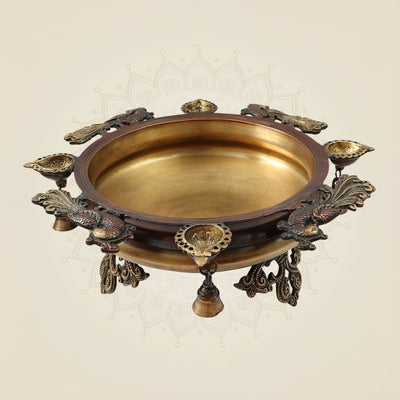 Brass Urli with Peacock Motifs & Hanging Bells 6