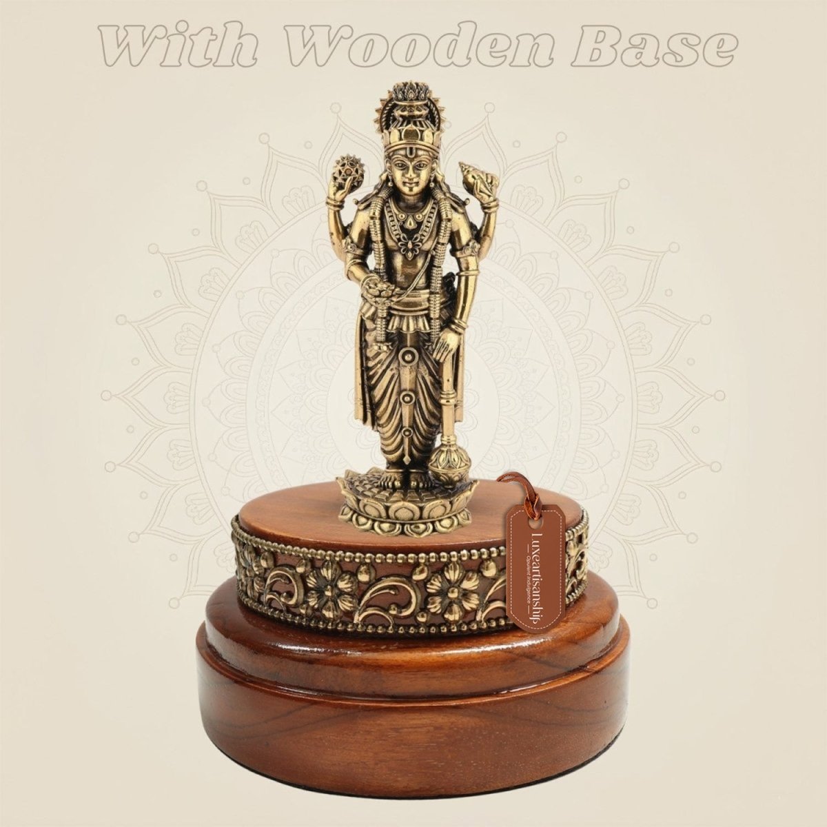 Brass Vishnu Idol 6.75″ Resting on a Hand - Finished Round Wooden Platform - Luxeartisanship