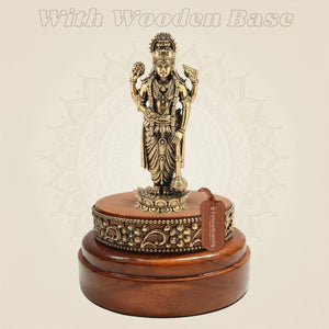 Brass Vishnu Idol 6.75″ Resting on a Hand - Finished Round Wooden Platform - Luxeartisanship