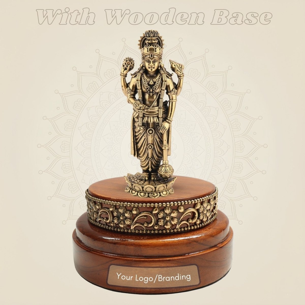 Brass Vishnu Idol 6.75″ Resting on a Hand - Finished Round Wooden Platform - Luxeartisanship