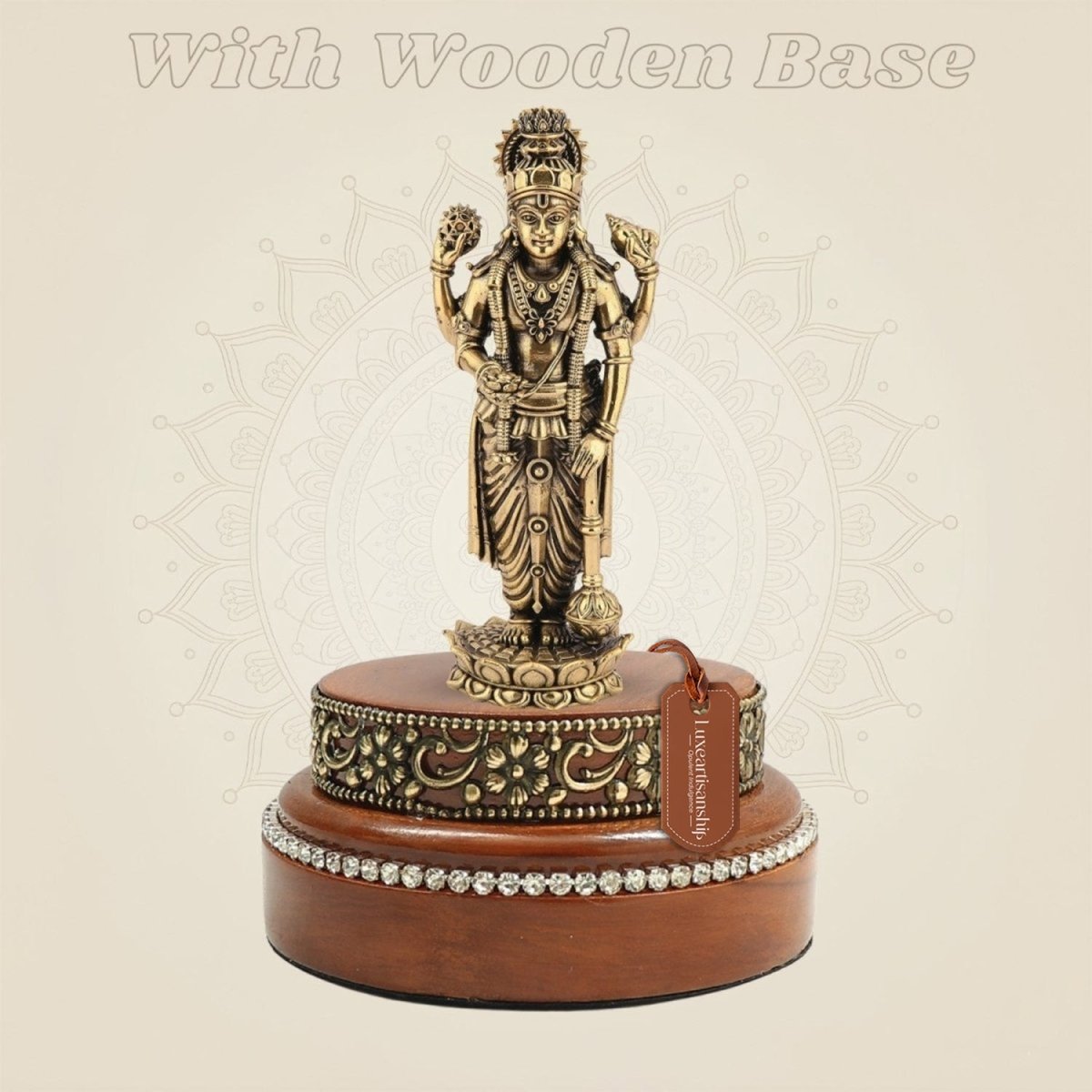 Brass Vishnu Idol 6.75″ Resting on a Hand - Finished Round Wooden Platform - Luxeartisanship