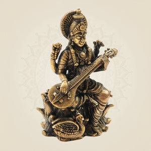 Bronze Chaturbhuja Saraswati Idol on Lotus – Graceful Goddess Murti - Luxeartisanship