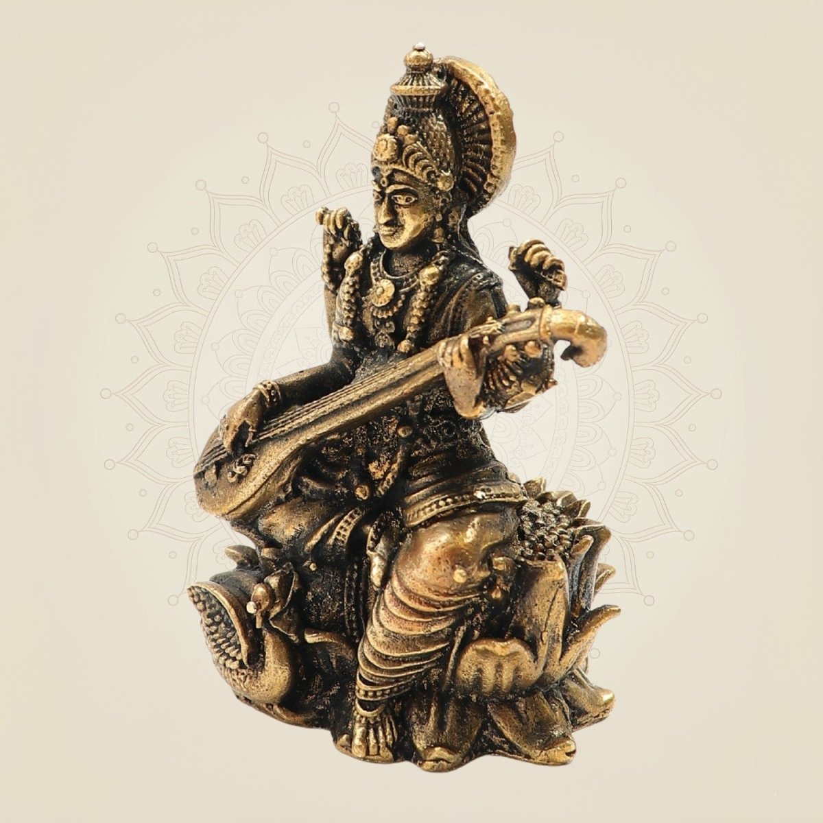 Bronze Chaturbhuja Saraswati Idol on Lotus – Graceful Goddess Murti - Luxeartisanship