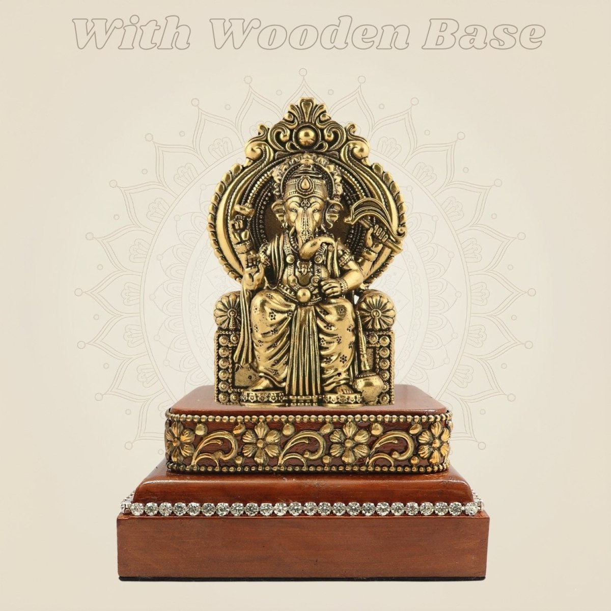 Chaturbhuj Ganesha Brass Statue with Wooden Base