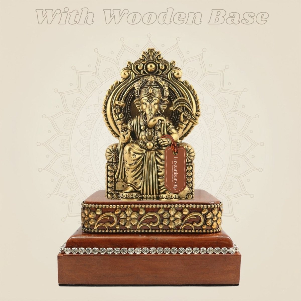 Chaturbhuj Ganesha Brass Statue with Wooden Base
