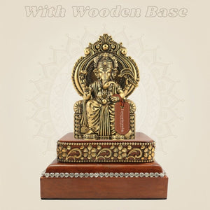 Chaturbhuj Ganesha Brass Statue with Wooden Base