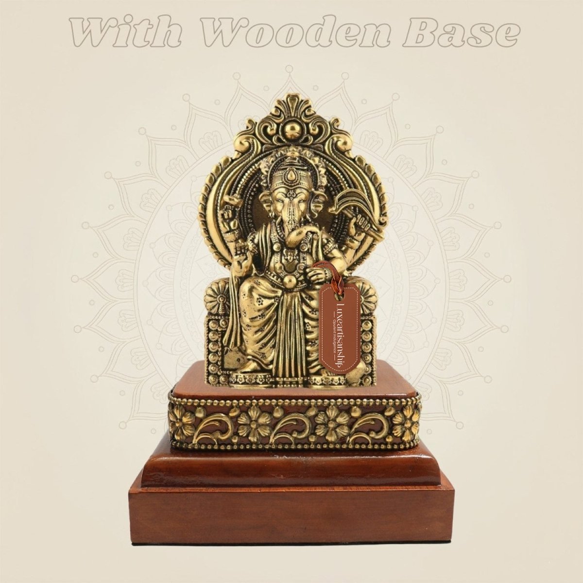 Chaturbhuj Ganesha Brass Murti with Wooden Base