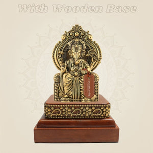 Chaturbhuj Ganesha Brass Murti with Wooden Base