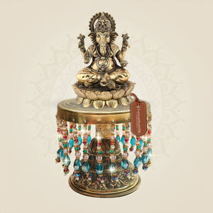 Chaturbhuj Ganesha Brass Idol on Chowki Stable Base Design 7.5" - Luxeartisanship