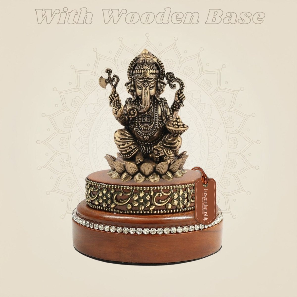 Chaturbhuj Ganesha Brass Statue 3" on a Wooden Base for Wealth - Luxeartisanship