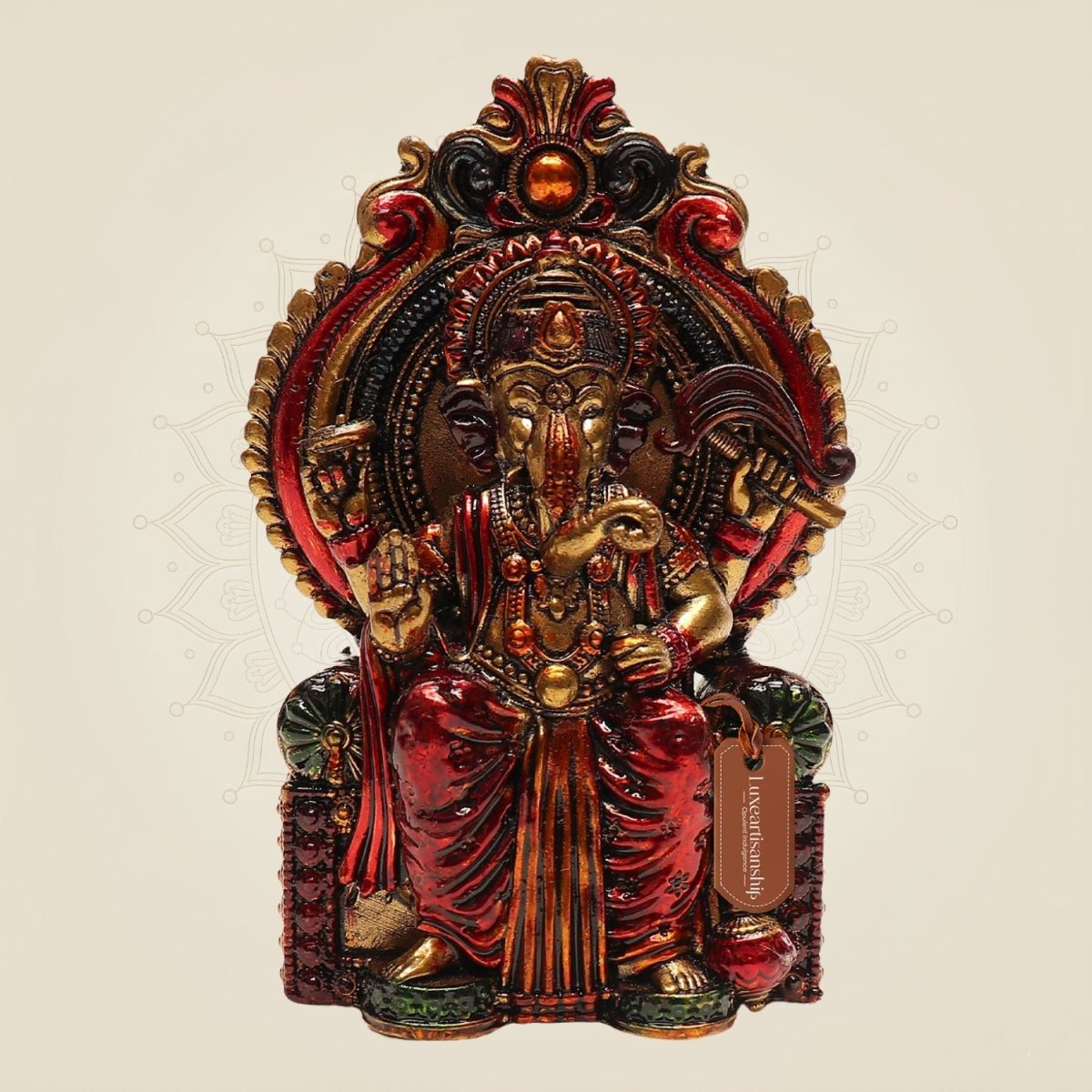 Chaturbhuj Ganesha Seated on Singhasan - 4" Brass Statue for Vastu & Spiritual Decor - Luxeartisanship