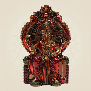Chaturbhuj Ganesha Seated on Singhasan - 4" Brass Statue for Vastu & Spiritual Decor - Luxeartisanship