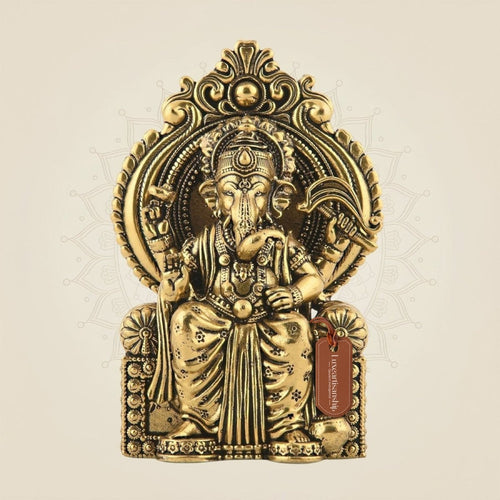 Chaturbhuj Ganesha Seated on Singhasan - 4" Brass Statue for Vastu & Spiritual Decor