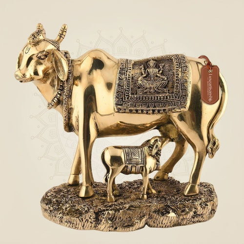 Cow with Calf Brass Idol 10" – Handcrafted Kamdhenu Sculpture
