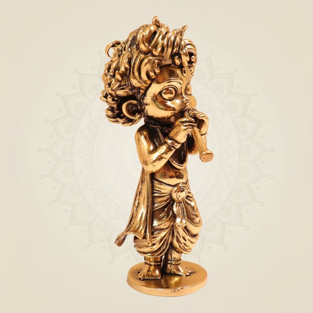 Cute Murli Manohar – 4.75 Inch Handcrafted Bal Krishna Playing Flute Brass Murti - Luxeartisanship
