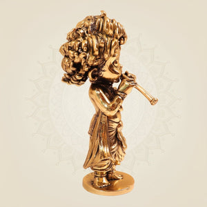 Cute Murli Manohar – 4.75 Inch Handcrafted Bal Krishna Playing Flute Brass Murti - Luxeartisanship