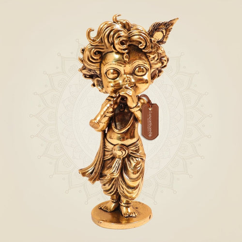 Cute Murli Manohar – 4.75 Inch Handcrafted Bal Krishna Playing Flute Brass Murti