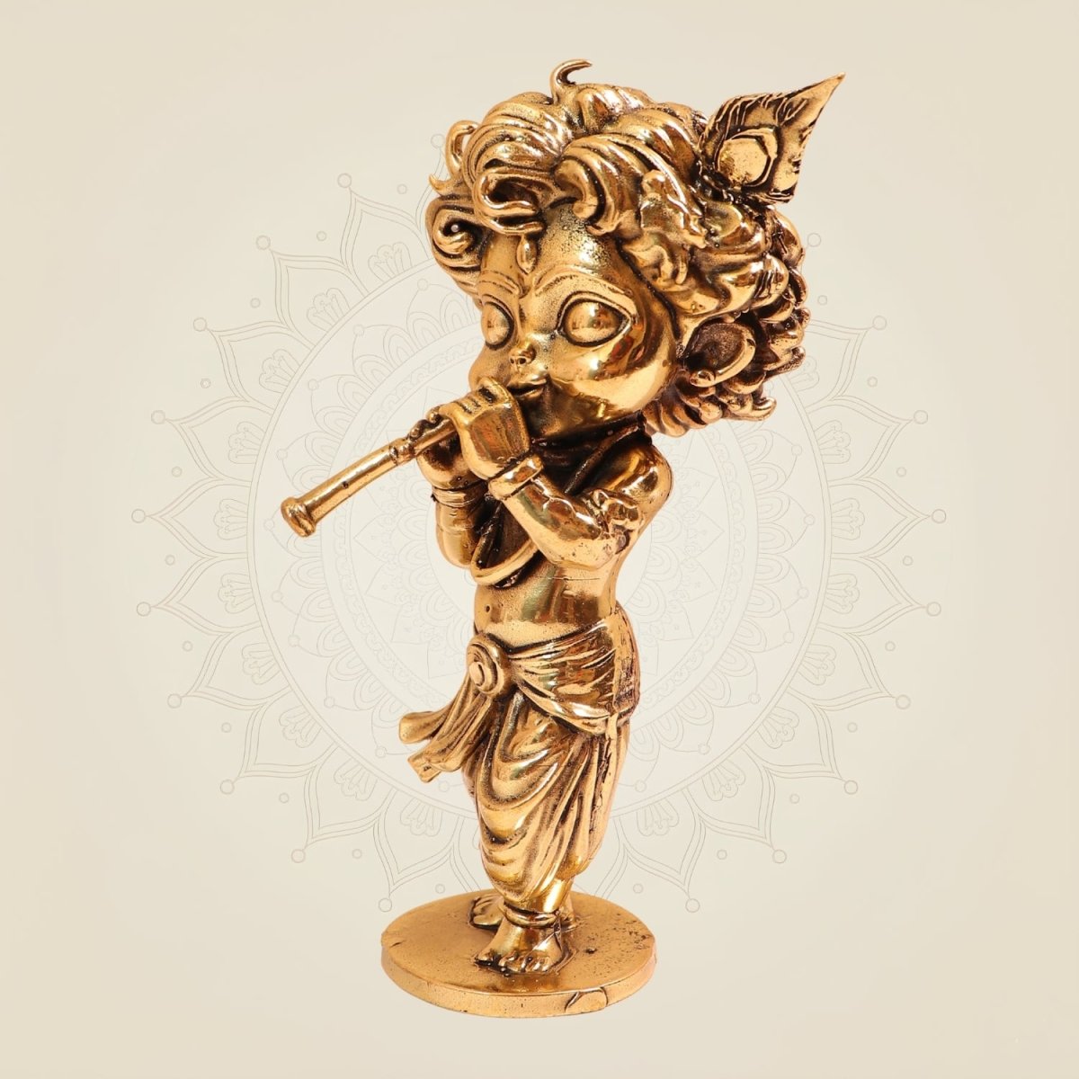 Cute Murli Manohar – 4.75 Inch Handcrafted Bal Krishna Playing Flute Brass Murti - Luxeartisanship