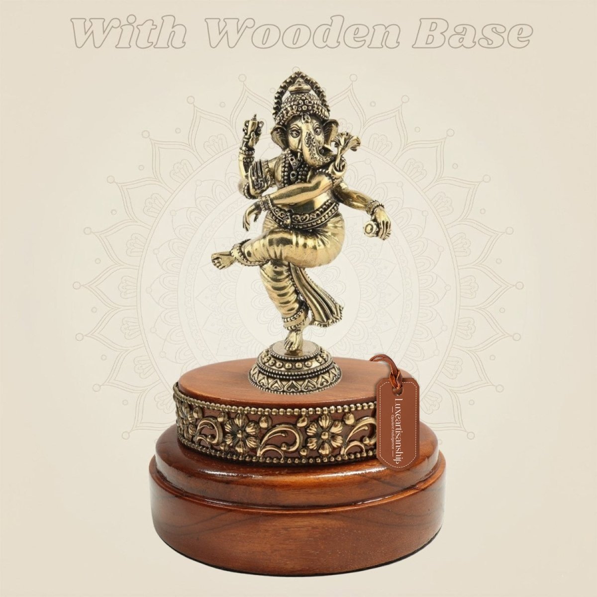 Dancing Ganesha Brass Statue in Motion on Wooden Base
