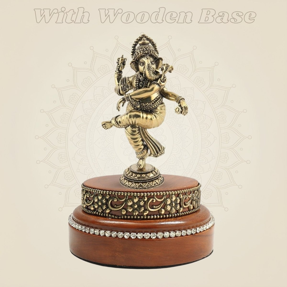 Dancing Ganesha Brass Statue in Motion on a Wooden Base - Luxeartisanship