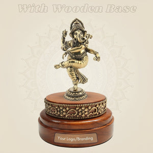 Dancing Ganesha Brass Statue in Motion on a Wooden Base - Luxeartisanship