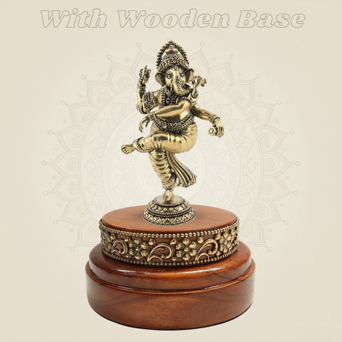 Dancing Ganesha Brass Statue in Motion on a Wooden Base