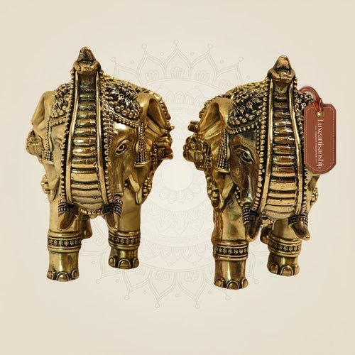 Decorative Brass Elephant Pair Statues with Trunk Up – 5 Inch Prosperity & Vastu Accent