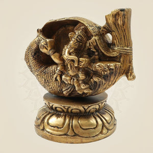 Lord Ganesh Sitting in Shankh on Peacock Design brass Idol