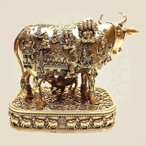 Divine Brass Kamdhenu Cow with Calf Statue 4" | Sacred Hindu Vedic Idol for Home & Temple