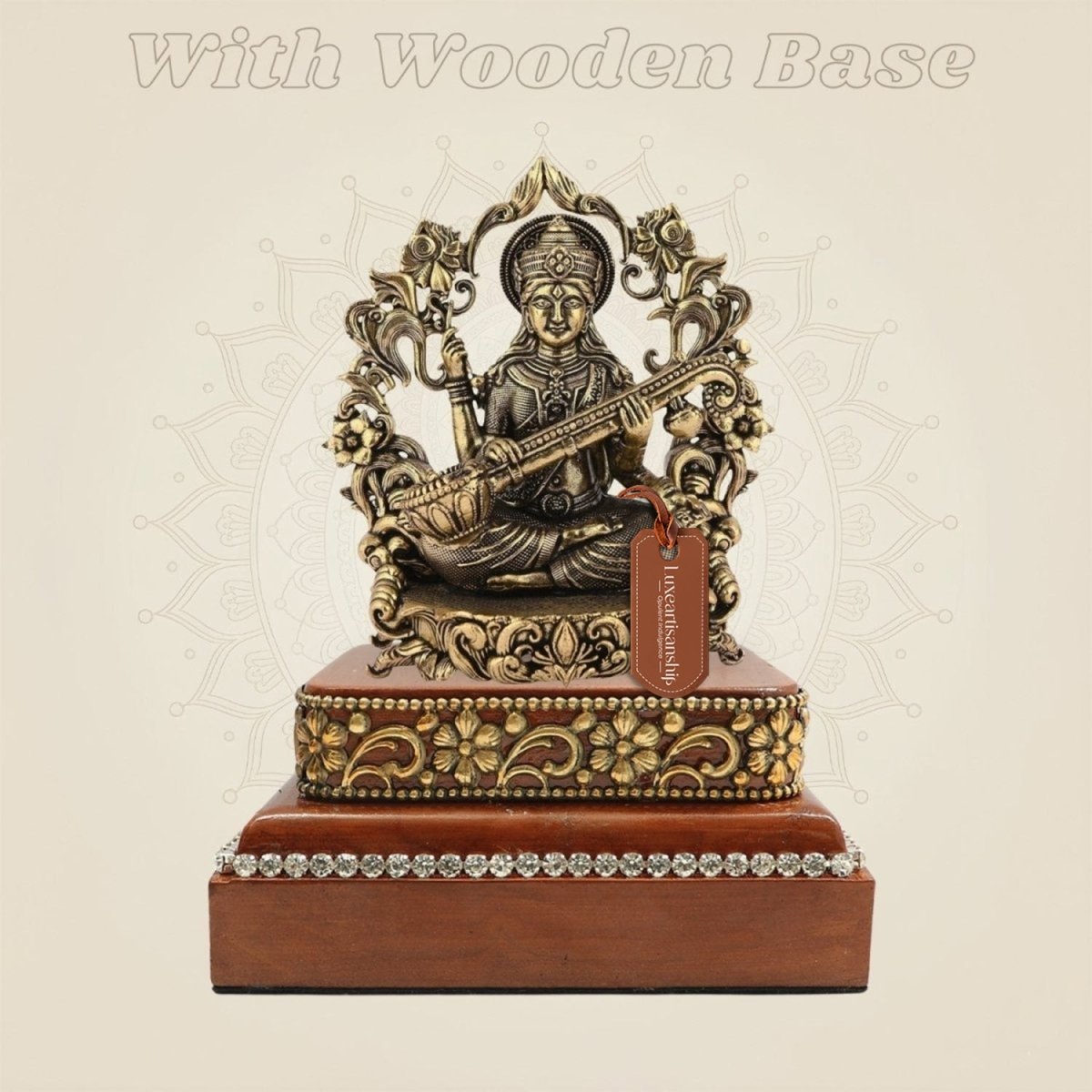 Divine Brass Saraswati Idol 3.75" on Square Wooden Base for Knowledge - Luxeartisanship