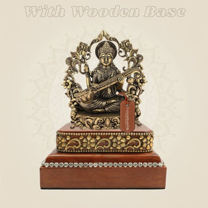 Divine Brass Saraswati Idol 3.75" on Square Wooden Base for Knowledge - Luxeartisanship