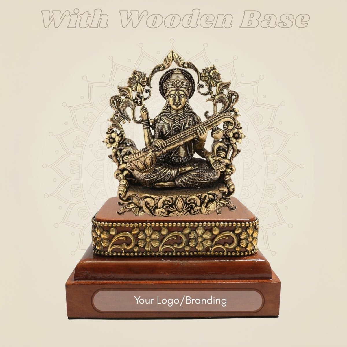 Divine Brass Saraswati Idol 3.75" on Square Wooden Base for Knowledge - Luxeartisanship
