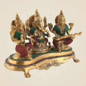 Divine Laxmi Ganesh Saraswati Brass Murti with Stone Finish