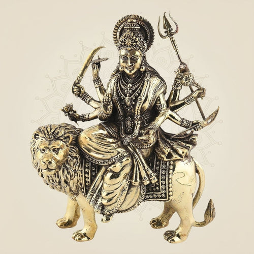 Durga Mata with Lion Idol 4.75"– Symbol of Shakti Handcrafted Lightweight Brass Statue