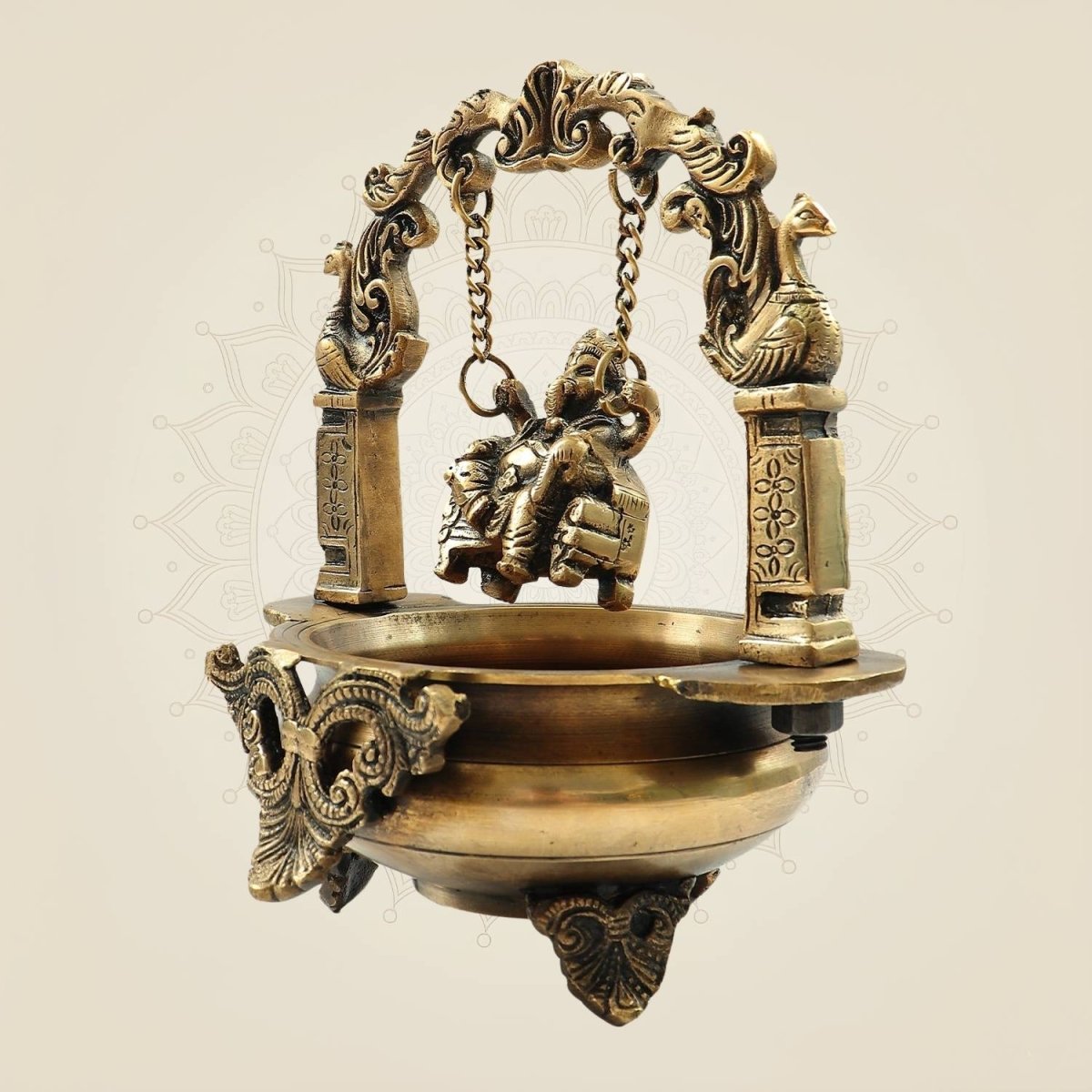Elegant Brass Ganesh Idol on Jula Swing with Urli for Home & Gift Decor - 9.25" - Luxeartisanship