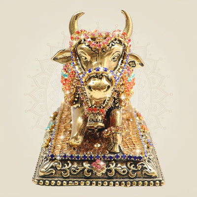 Elegant Brass Nandi Bull Statue with Rhinestone Work – 3 Inch