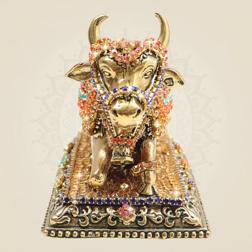 Elegant Brass Nandi Bull Statue with Rhinestone Work – 3 Inch